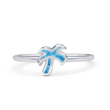 Small Petite Dainty Palm Tree Band Thumb Ring Statement Fashion Ring Lab Created Blue Opal 925 Sterling Silver
